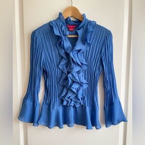 Vintage Y2K Sunny Leigh Crinkle Ruffle Flare Sleeve Top Size Small Blue